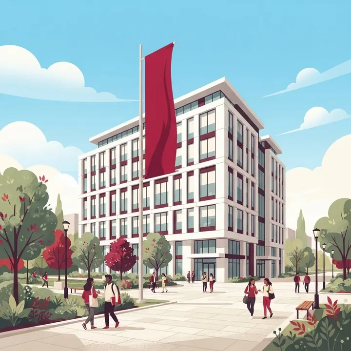 A modern Amez University building with students walking outside
