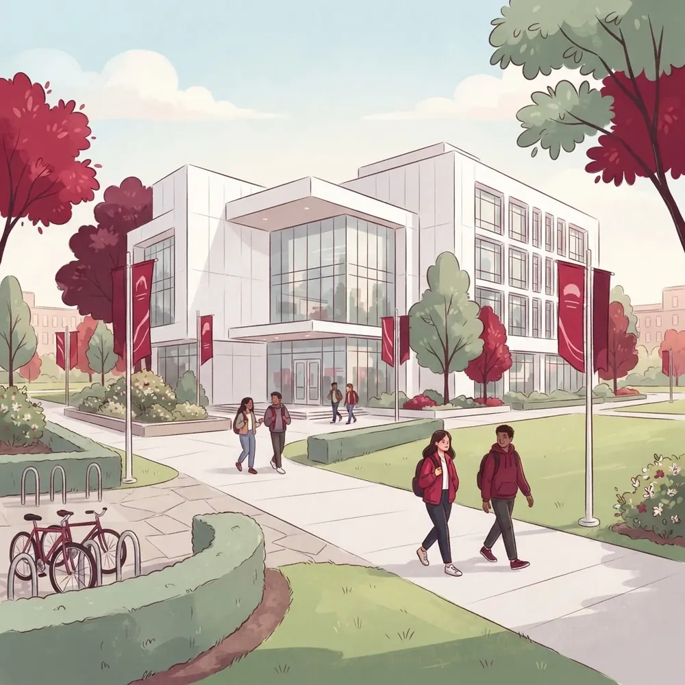 Amez University campus with students walking between buildings